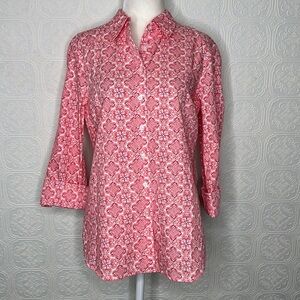 Talbots | Button Up Collared Cotton Floral Shirt in Coral